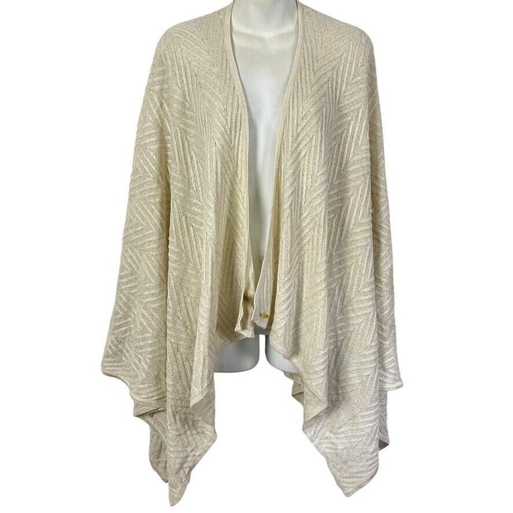 Calvin Klein Womens Wrap Poncho Open Cardigan Herringbone Ivory Gold Sweater O/S